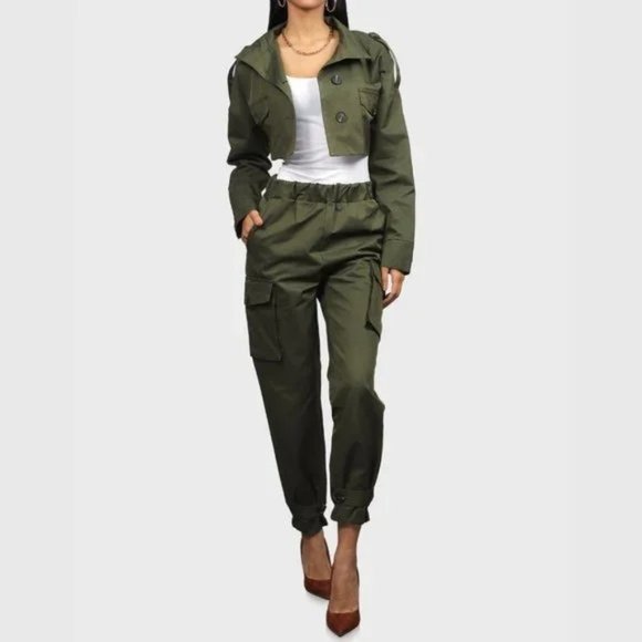 Cropped Cargo Jacket Olive Green - Picture 1 of 7